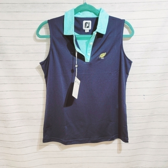 FOOTJOY SLEEVELESS JACQUARD BACK GOLF POLO SZ SMALL NAVY & AQUA - Picture 1 of 15